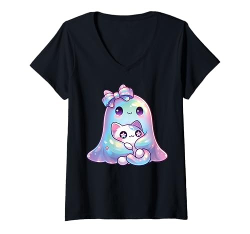 Damen Kawaii-Geist-Kokett-Schleife Pastell-Goth-Süß Katze Mädchen T-Shirt mit V-Ausschnitt von Kawaii Pastel Goth Cute Ghost Coquette Girl Anime