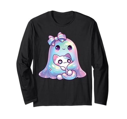 Kawaii-Geist-Kokett-Schleife Pastell-Goth-Süß Katze Mädchen Langarmshirt von Kawaii Pastel Goth Cute Ghost Coquette Girl Anime