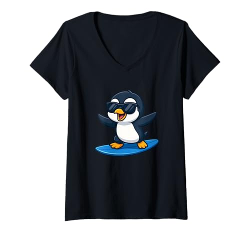 Damen Niedlicher Pinguin Surfer Cartoon Sommer und Strand Spaß T-Shirt mit V-Ausschnitt Damen Niedlicher Pinguin Surfer Cartoon Sommer und Strand Spaß T-Shirt mit V-Ausschnitt von Kawaii Penguin Surfing Summer Sports Design