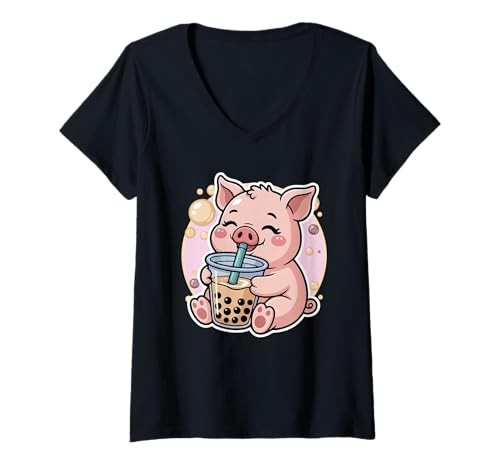 Damen Pig Boba Tea Bubble Tea Anime Kawaii T-Shirt mit V-Ausschnitt Damen Pig Boba Tea Bubble Tea Anime Kawaii T-Shirt mit V-Ausschnitt von Kawaii Pig Bubble Tea Lover Cute Boba Animal