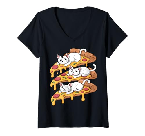Damen Kawaii Pizza Cats Lustig T-Shirt mit V-Ausschnitt Damen Kawaii Pizza Cats Lustig T-Shirt mit V-Ausschnitt von Kawaii Pizza Cat Lovers