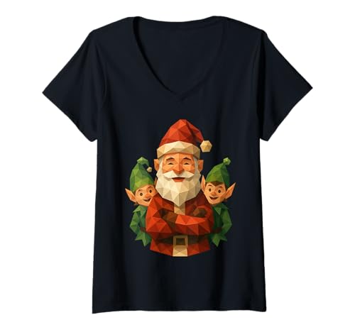 Damen Niedrige Poly Weihnachten Niedlich Geometrisch Weihnachtsmann Elfe T-Shirt mit V-Ausschnitt Damen Niedrige Poly Weihnachten Niedlich Geometrisch Weihnachtsmann Elfe T-Shirt mit V-Ausschnitt von Kawaii Polygon Christmas Santa Elf Triangle Design