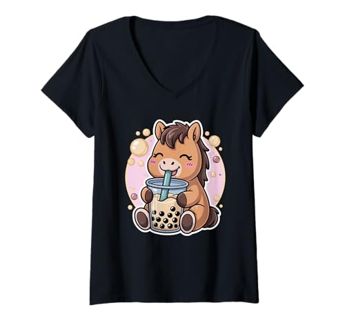 Damen Horse Boba Tea Bubble Tea Anime Kawaii T-Shirt mit V-Ausschnitt Damen Horse Boba Tea Bubble Tea Anime Kawaii T-Shirt mit V-Ausschnitt von Kawaii Pony Bubble Tea Boba Horse Lover Cute