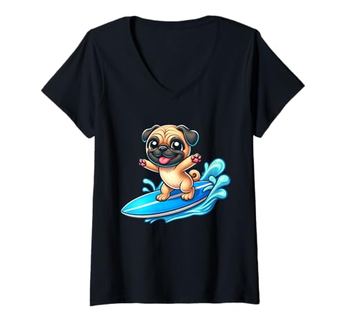 Damen Süßer Mops Surfer mit Surfbrett Sommer T-Shirt mit V-Ausschnitt Damen Süßer Mops Surfer mit Surfbrett Sommer T-Shirt mit V-Ausschnitt von Kawaii Pug Surfing Cute Cartoon Design