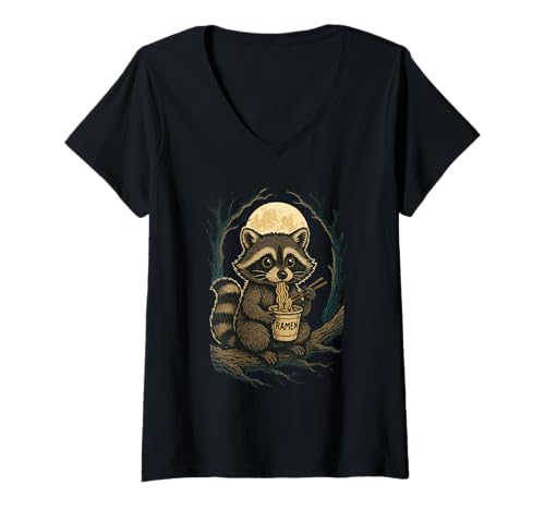 Damen Funny Raccoon Eating Ramen Noodles T-Shirt mit V-Ausschnitt Damen Funny Raccoon Eating Ramen Noodles T-Shirt mit V-Ausschnitt von Kawaii Raccoon Eating Ramen Noodles Apparel