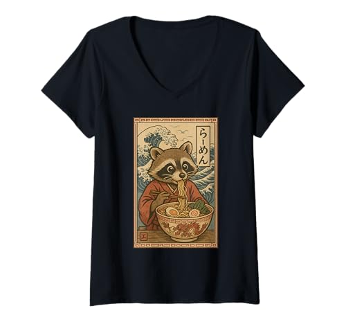 Damen Kawaii Raccoon Eating Ramen Noodles Japanese T-Shirt mit V-Ausschnitt Damen Kawaii Raccoon Eating Ramen Noodles Japanese T-Shirt mit V-Ausschnitt von Kawaii Raccoon Eating Ramen Noodles Apparel