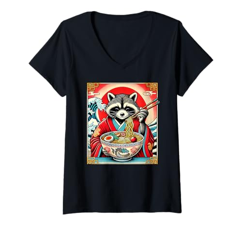 Damen Kawaii Raccoon Eating Ramen Noodles T-Shirt mit V-Ausschnitt Damen Kawaii Raccoon Eating Ramen Noodles T-Shirt mit V-Ausschnitt von Kawaii Raccoon Eating Ramen Noodles Apparel