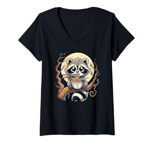 Damen Raccoon Eating Ramen Noodles Funny T-Shirt mit V-Ausschnitt Damen Raccoon Eating Ramen Noodles Funny T-Shirt mit V-Ausschnitt von Kawaii Raccoon Eating Ramen Noodles Apparel