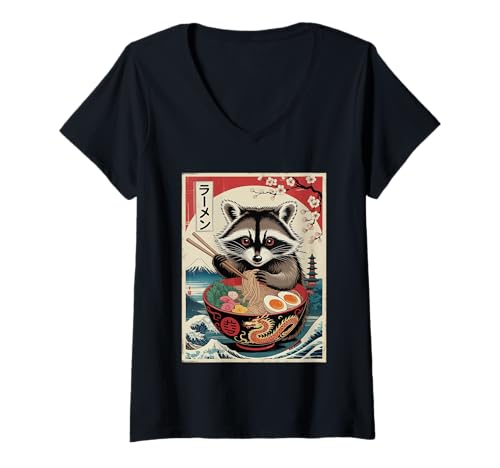 Damen Waschbär Waschbär Ramen Japanische Nudeln Kawaii Ukiyo-e Anime T-Shirt mit V-Ausschnitt Damen Waschbär Waschbär Ramen Japanische Nudeln Kawaii Ukiyo-e Anime T-Shirt mit V-Ausschnitt von Kawaii Raccoon Ramen Otaku Gifts Co.