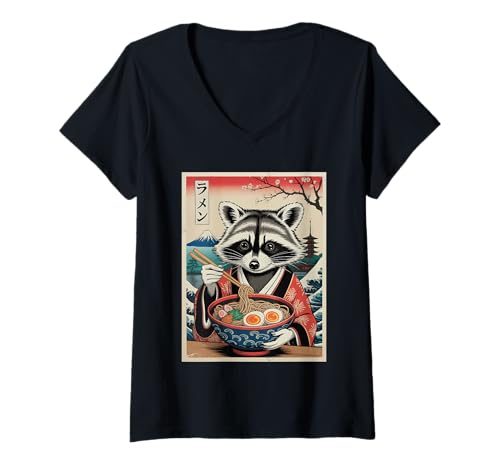 Damen Waschbär Ramen Kimono Holzschnitt Japanische Nudeln T-Shirt mit V-Ausschnitt Damen Waschbär Ramen Kimono Holzschnitt Japanische Nudeln T-Shirt mit V-Ausschnitt von Kawaii Raccoon Ramen Woodblock Gifts