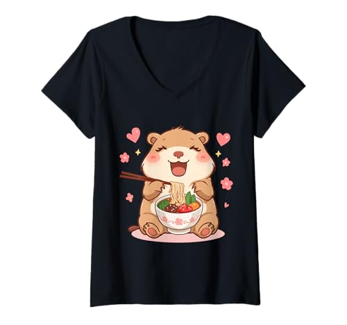 Damen Kawaii Capybara Ramen Kunst für Mädchen, niedlicher japanischer Stil T-Shirt mit V-Ausschnitt Damen Kawaii Capybara Ramen Kunst für Mädchen, niedlicher japanischer Stil T-Shirt mit V-Ausschnitt von Kawaii Ramen Capybara Gifts For Girls & Animal Lov