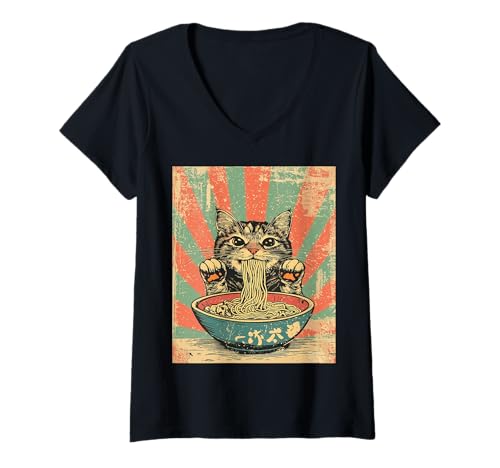 Damen Cute Cat Ramen Bowl Japanese Kawaii Anime Ukiyo-e Cat Ramen T-Shirt mit V-Ausschnitt Damen Cute Cat Ramen Bowl Japanese Kawaii Anime Ukiyo-e Cat Ramen T-Shirt mit V-Ausschnitt von Kawaii Ramen Cats Ukiyoe Collection