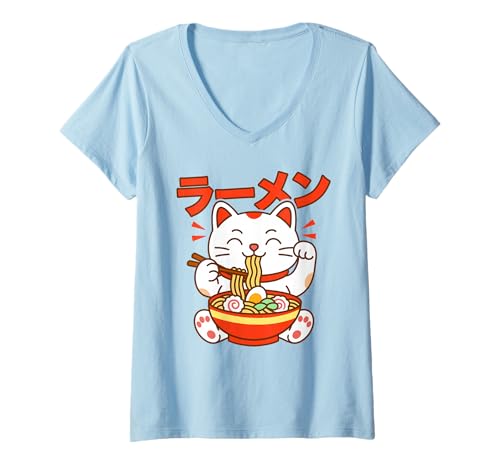 Damen Kawaii Lucky Cat Ramen-Schale, japanische Nudelkunst, Maneki Neko T-Shirt mit V-Ausschnitt Damen Kawaii Lucky Cat Ramen-Schale, japanische Nudelkunst, Maneki Neko T-Shirt mit V-Ausschnitt von Kawaii Ramen Critters