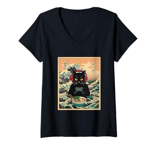 Damen Gamer Cat Ramen Anime Retro Japanische Wave Art Frauen Männer Kinder T-Shirt mit V-Ausschnitt Damen Gamer Cat Ramen Anime Retro Japanische Wave Art Frauen Männer Kinder T-Shirt mit V-Ausschnitt von Kawaii Ramen Gaming Cat Lovers Japanese Art