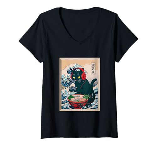 Damen Gamer Cat Ramen Anime Retro Japanische Wave Art Frauen Mann Kinder T-Shirt mit V-Ausschnitt Damen Gamer Cat Ramen Anime Retro Japanische Wave Art Frauen Mann Kinder T-Shirt mit V-Ausschnitt von Kawaii Ramen Gaming Cat Lovers Japanese Art