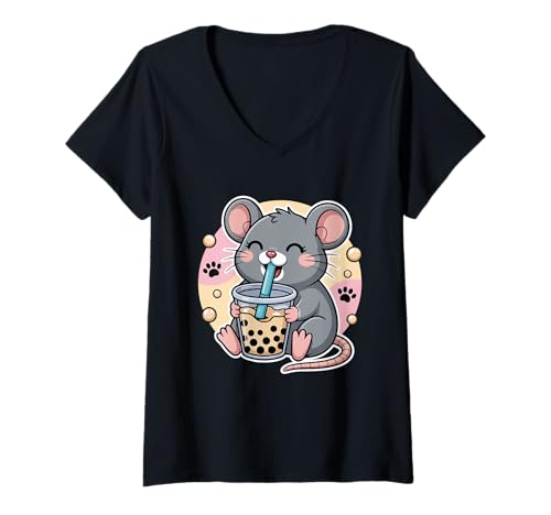 Damen Rat Boba Tea Bubble Tea Anime Kawaii T-Shirt mit V-Ausschnitt Damen Rat Boba Tea Bubble Tea Anime Kawaii T-Shirt mit V-Ausschnitt von Kawaii Rat Boba Tea Cute Bubble Tea Rodent Lover
