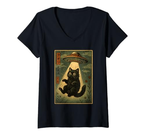 Damen Vintage Japanese Cat Alien Cat Mom UFO Abduction Graphic T-Shirt mit V-Ausschnitt Damen Vintage Japanese Cat Alien Cat Mom UFO Abduction Graphic T-Shirt mit V-Ausschnitt von Kawaii Retro Alien Cat UFO Abduction Design