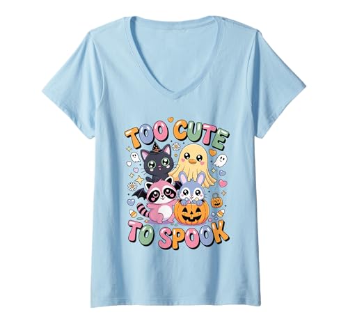 Damen Kawaii Halloween-Katze, Gespenst, Waschbär, Hase, zu süß T-Shirt mit V-Ausschnitt Damen Kawaii Halloween-Katze, Gespenst, Waschbär, Hase, zu süß T-Shirt mit V-Ausschnitt von Kawaii Retro Halloween Ghost Costume Shirts