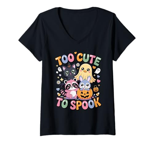 Damen Kawaii Halloween-Katze, Gespenst, Waschbär, Hase, zu süß T-Shirt mit V-Ausschnitt Damen Kawaii Halloween-Katze, Gespenst, Waschbär, Hase, zu süß T-Shirt mit V-Ausschnitt von Kawaii Retro Halloween Ghost Costume Shirts
