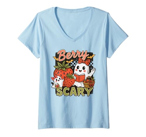 Damen Kawaii Retro Beere Gruselige Geister Erdbeeren Halloween Mädchen T-Shirt mit V-Ausschnitt Damen Kawaii Retro Beere Gruselige Geister Erdbeeren Halloween Mädchen T-Shirt mit V-Ausschnitt von Kawaii Retro Halloween Ghost Costume Shirts