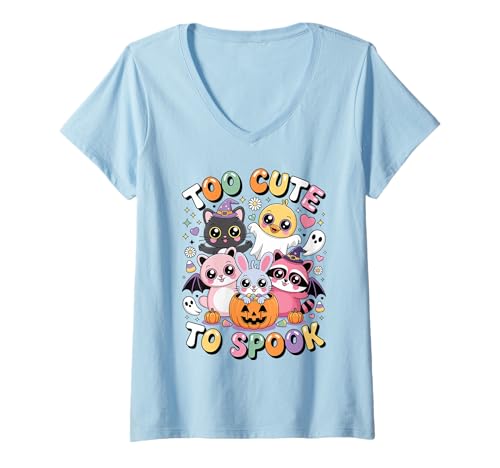 Damen Zu süß, um Kawaii zu erschrecken, Halloween-Tiere, Kürbis-Geister-Spaß T-Shirt mit V-Ausschnitt Damen Zu süß, um Kawaii zu erschrecken, Halloween-Tiere, Kürbis-Geister-Spaß T-Shirt mit V-Ausschnitt von Kawaii Retro Halloween Ghost Costume Shirts