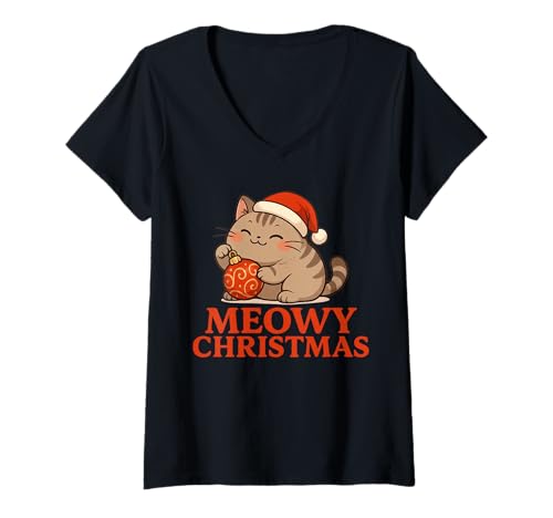 Damen Chonky Cat Kawaii Kitten Meowy Weihnachtsanime T-Shirt mit V-Ausschnitt Damen Chonky Cat Kawaii Kitten Meowy Weihnachtsanime T-Shirt mit V-Ausschnitt von Kawaii Santa Cat Manga Lover XMAS Design