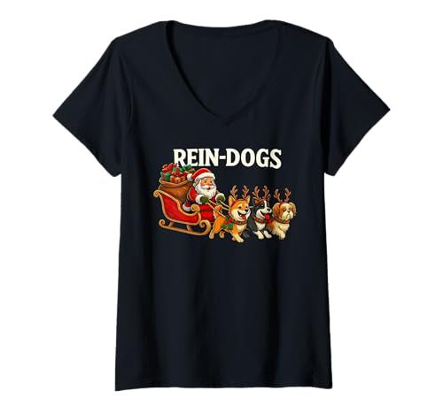 Damen Reindogs Niedlicher Schlittenhund, lustiger Weihnachtsmann T-Shirt mit V-Ausschnitt Damen Reindogs Niedlicher Schlittenhund, lustiger Weihnachtsmann T-Shirt mit V-Ausschnitt von Kawaii Santa Sleigh Dog Lover Christmas Design