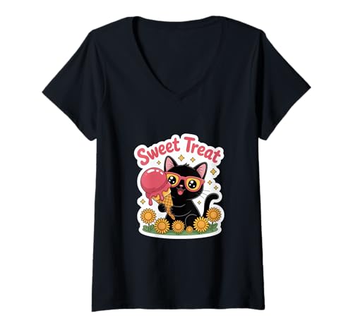 Damen Sweet Treat Schwarze Katze EIS Sommer Sonnenblumen T-Shirt mit V-Ausschnitt Damen Sweet Treat Schwarze Katze EIS Sommer Sonnenblumen T-Shirt mit V-Ausschnitt von Kawaii Schwarze Katze Eis Sommer Sonnenblumen