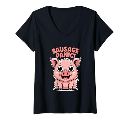 Damen Schwein Cartoon Sausage Panic Lustiger Wurst Humor T-Shirt mit V-Ausschnitt Damen Schwein Cartoon Sausage Panic Lustiger Wurst Humor T-Shirt mit V-Ausschnitt von Kawaii Schwein Meme Wurst Humor Grillen Grillspaß