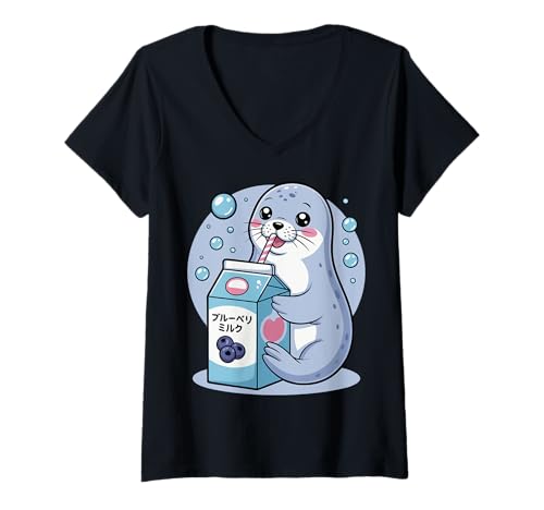 Damen Karikaturrobbe trinkt Blaubeermilch Japanisches süßes Kawaii T-Shirt mit V-Ausschnitt Damen Karikaturrobbe trinkt Blaubeermilch Japanisches süßes Kawaii T-Shirt mit V-Ausschnitt von Kawaii Seal Drinking Japanese Blueberry Milk