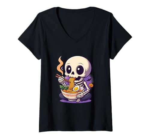 Damen Niedliches Kawaii-Skelett, das Ramen isst, Halloween T-Shirt mit V-Ausschnitt Damen Niedliches Kawaii-Skelett, das Ramen isst, Halloween T-Shirt mit V-Ausschnitt von Kawaii Skeleton Studio