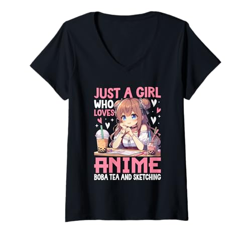 Damen Anime Boba Tea Sketch Girl Kawaii Künstler Design T-Shirt mit V-Ausschnitt Damen Anime Boba Tea Sketch Girl Kawaii Künstler Design T-Shirt mit V-Ausschnitt von Kawaii Sketch Life Apparel