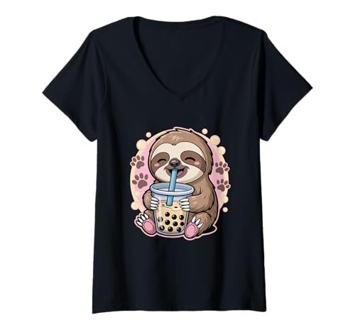 Damen Sloth Boba Tea Bubble Tea Anime Kawaii T-Shirt mit V-Ausschnitt Damen Sloth Boba Tea Bubble Tea Anime Kawaii T-Shirt mit V-Ausschnitt von Kawaii Sloth Boba Tea Cute Lazy Animal