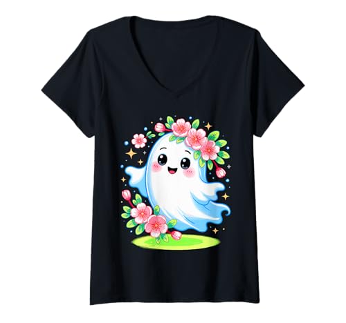 Damen Süßer Blumengeist Halloween Kawaii Blüte T-Shirt mit V-Ausschnitt Damen Süßer Blumengeist Halloween Kawaii Blüte T-Shirt mit V-Ausschnitt von Kawaii Spectral Bloom Collection