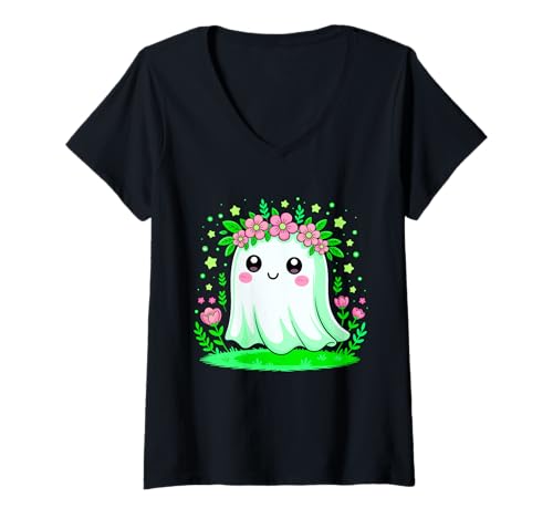 Damen Kawaii Floral Ghost Halloween Gruselige süße Erscheinung T-Shirt mit V-Ausschnitt Damen Kawaii Floral Ghost Halloween Gruselige süße Erscheinung T-Shirt mit V-Ausschnitt von Kawaii Spirit Floral Apparition