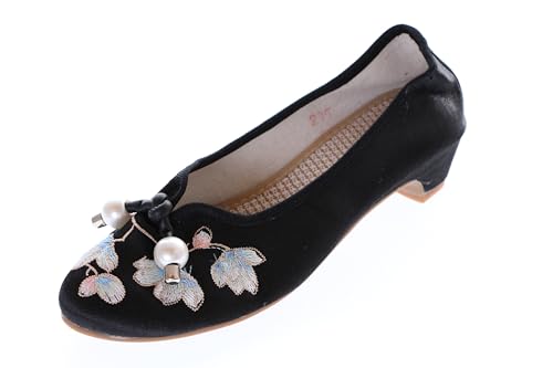 BJ-001 Schwarz Blumen Bestickt Vintage Qipao Hanfu Ballerina flach Chinesische Freizeit Stoff Schuhe Slipper Pumps rutschfest (BJ-001, EU Schuhgrößensystem, Erwachsene, Damen, Numerisch, Schmal, 37) von Kawaii-Story