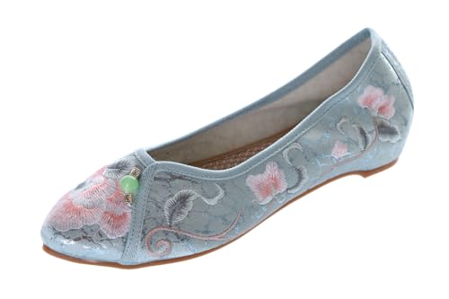 BJ-003 Türkis Blau Blumen Bestickt Vintage Qipao Ballerina flach Chinesische Freizeit Stoff Schuhe Slipper Pumps rutschfest (BJ-003, EU Schuhgrößensystem, Erwachsene, Damen, Numerisch, Schmal, 39) von Kawaii-Story