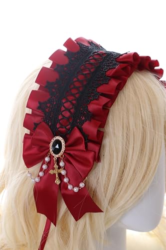 C-04-7 Dunkel Rot Zofe Maid Lolita Haarband mit Schleife Perlenkette Gothic Haarschmuck Kopfband C-04-7 Dunkel Rot Zofe Maid Lolita Haarband mit Schleife Perlenkette Gothic Haarschmuck Kopfband von Kawaii-Story