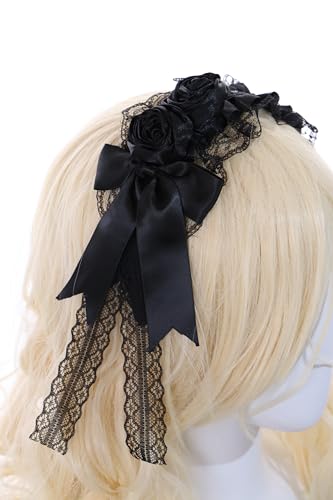 C-103 Rosen Schwarz Spitze Schleife Rüschen Gothik Lolita Haarreif Party Feier Haarschmuck Kopfaccessoir von Kawaii-Story