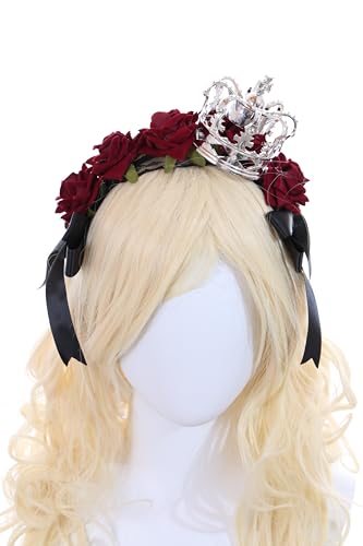 C-104-1 Silber Krone mit Rosen rot Spitze Schleife Rüschen Gothik Lolita Haarreif Party Feier Haarschmuck Kopfaccessoir C-104-1 Silber Krone mit Rosen rot Spitze Schleife Rüschen Gothik Lolita Haarreif Party Feier Haarschmuck Kopfaccessoir von Kawaii-Story