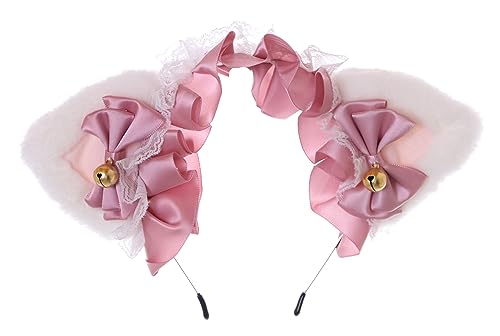 C-86-2 Weiß Rosa Cat Katzenohren mit Schleife Glöckchen Lolita Plüsch Haarreif Party Feier Haarschmuck von Kawaii-Story