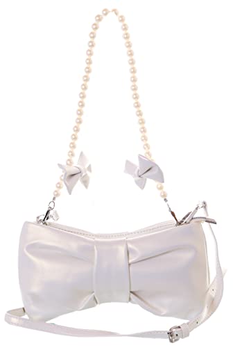 Kawaii-Story LB-6084-3 Weiß Perlenschimmer Party Elegant Schleife Perlenkette Pastel Goth Tasche 24x10cm Pu von Kawaii-Story