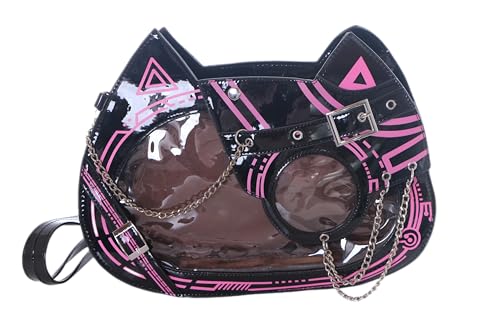 Kawaii-Story LB-6149-2 Katze Cyber Cat Y2K duchsichtiges Fach zum Schmücken, Lolita Pastel Goth 2in1 Rucksack Schulter Tasche 27x20x7cm Pu Lack Schwarz Pink von Kawaii-Story