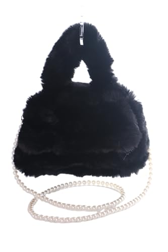 Kawaii-Story LB-6156-1 Faux-Fur Flauschiges Plüschfell mit Perlenriemen mini Damen Stoff Klapp-Tasche 25x23x7 schwarz von Kawaii-Story