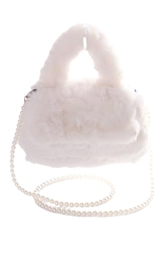 Kawaii-Story LB-6156-2 Faux-Fur Flauschiges Plüschfell mit Perlenriemen mini Damen Stoff Klapp-Tasche 25x23x7 weiß von Kawaii-Story