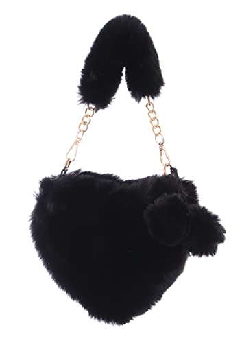 Kawaii-Story LB-7032-4 Schwarz Herz Bommel Plüsch flauschig Faux-Fur Party Henkel Tasche von Kawaii-Story