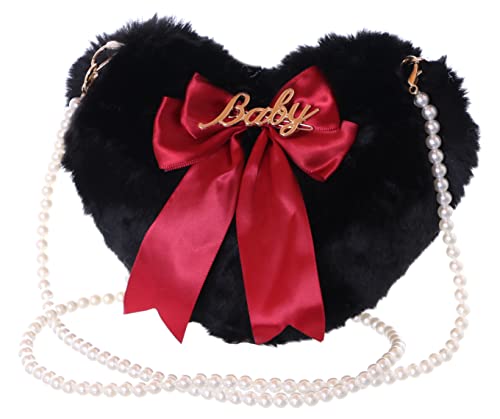 Kawaii-Story LB-7069-2 Schwarz rot Herz Plüsch mit Schleife Perlenkette flauschig Faux-Fur Damen Umhänge Tasche Pastel Goth von Kawaii-Story