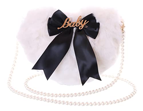 Kawaii-Story LB-7069-3 Weiß schwarz Herz Plüsch mit Schleife Perlenkette flauschig Faux-Fur Damen Umhänge Tasche Pastel Goth von Kawaii-Story