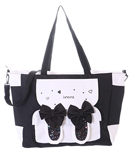 Kawaii-Story LB-7086-2 Schwarz weiß Stofftasche Glitzer Schleife Hasenohren Messenger Shopper Umhänge Tasche von Kawaii-Story