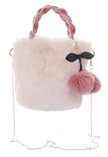 Kawaii-Story LB-7093 Creme Weiß Plüsch Faux-Fur Shopper Bommeln Samt Henkel Damen Lolita Tasche Pastel Goth Harajuku von Kawaii-Story